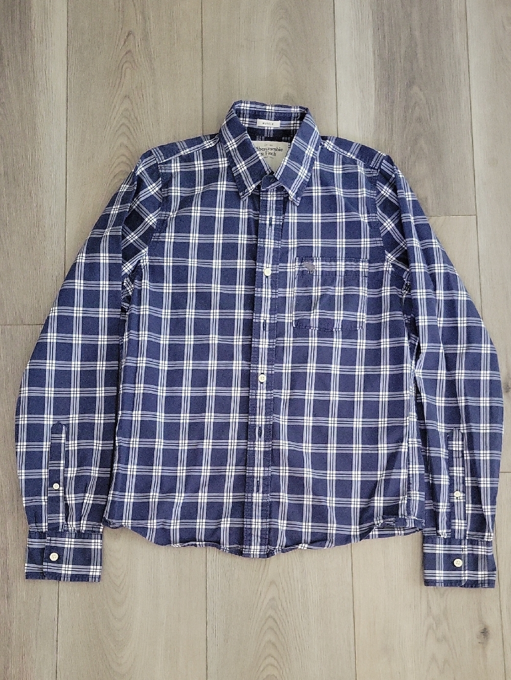 Abercrombie & Fitch Muscle Navy and White Plaid Button-Down Shirt